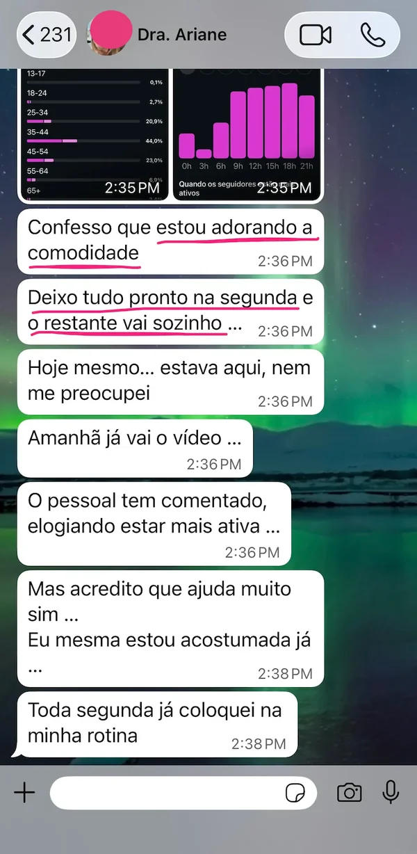 Print de conversa no WhatsApp com a Dra. Ariane sobre a rotina de postagem