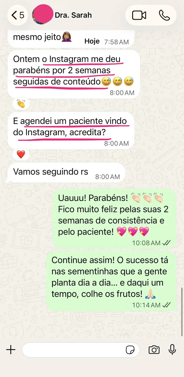 Print de conversa no WhatsApp com a Dra. Sarah sobre os resultados com a DAI