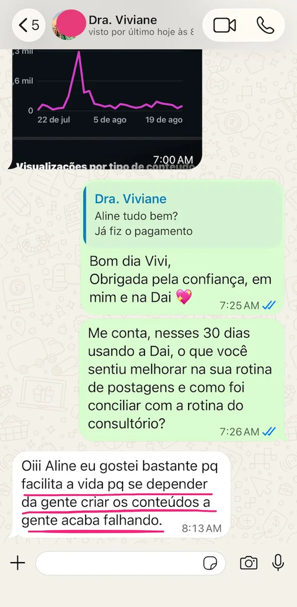 Print de conversa no WhatsApp com a Dra. Viviane sobre os resultados com a DAI