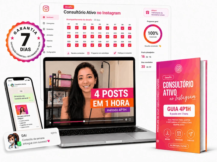 Desafio Consultório Ativo no Instagram: aulas, Dai dental AI, guia impresso e garantia de 7 dias